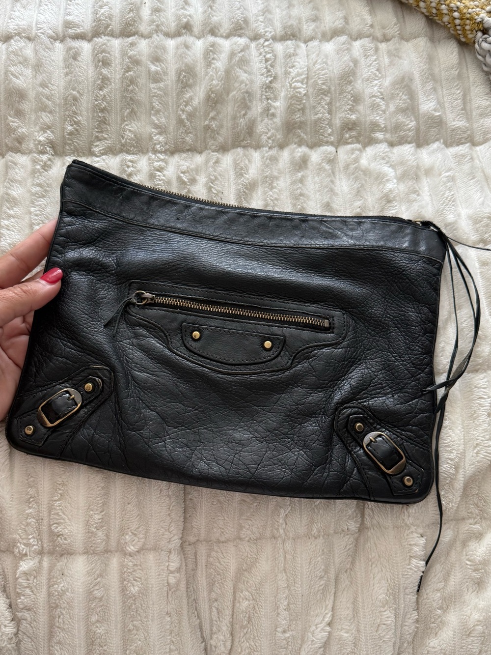 Balenciaga Black Leather Wristlet Clutch with Brass Hardware